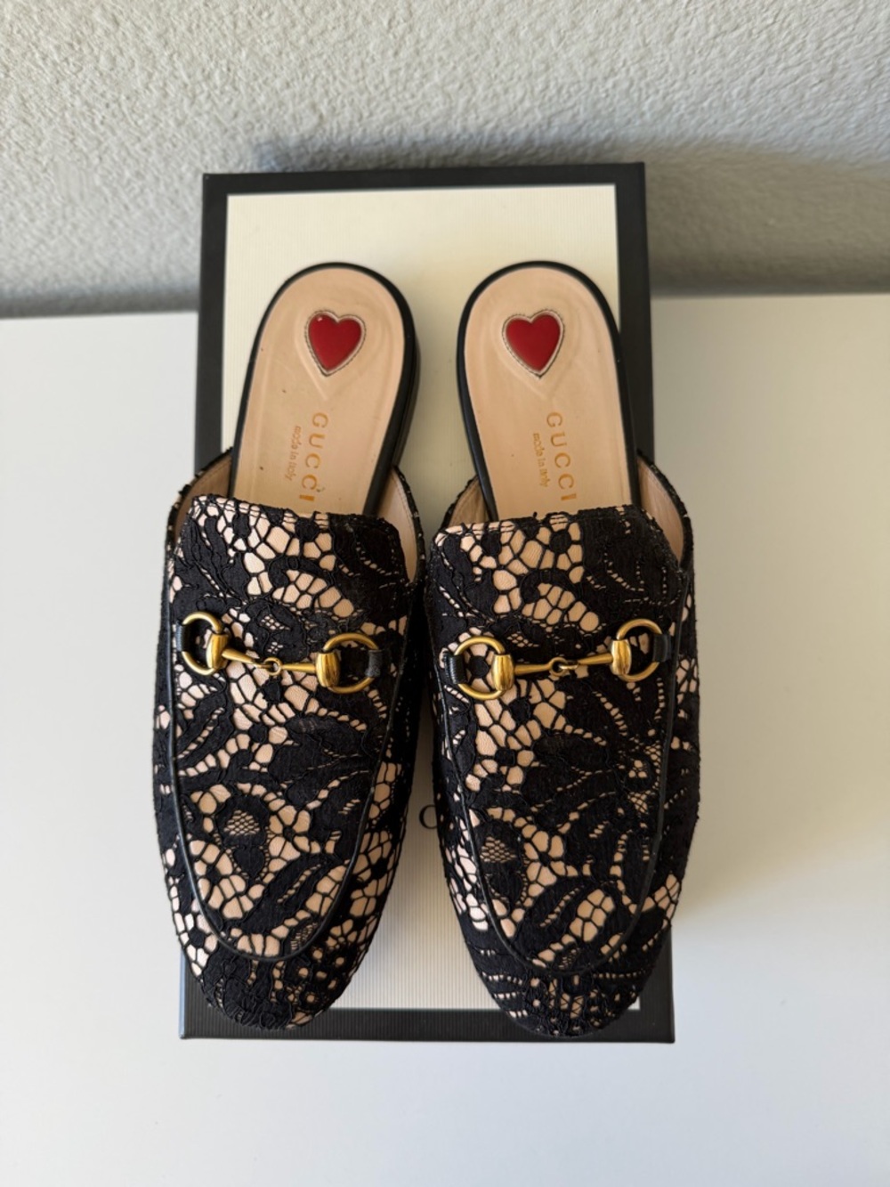Gucci Black Lace Princetown Leather Horsebit Mules